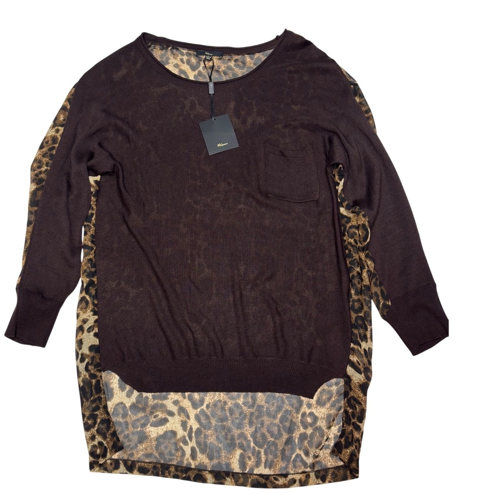 Milano Womens Top Size Small Brown Leopard High-Low Knit Sweater Sheer NWT